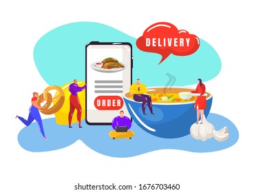 Food delivery fast service with online ordering food on mobile phone, express lunch and dinner shipping vector illustration. Restaurant express food delivery service with tiny people and soup bowl.