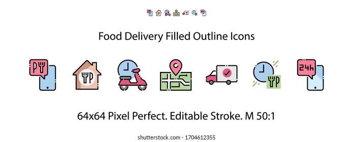 Food Delivery Filled Outline Icons. Epidemic Quarantine Colorful Linear Set Icon. Courier Bike, Food Box, Contactless Delivery, Covid-19. Corona, Coronavirus, Stop Virus And More. 64x64 Pixel Perfect