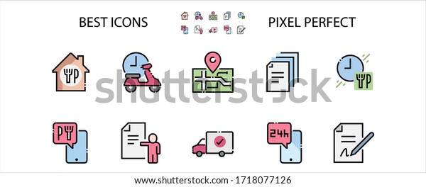 Food Delivery Filled\
Outline Icons. Colorful Linear Set Vector Line Icon. Courier Bike,\
Food Box, Contactless Delivery and more. 64x64 Pixel Perfect.\
Editable Stroke