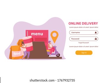 Food delivery flat background for web authorization page with food couriers images and username password fields vector illustration