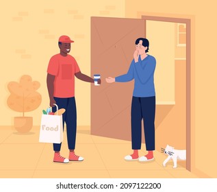 Food delivery flat color vector illustration. Shipping to door. Courier man with customer at home entrance 2D cartoon characters with apartment building corridor interior on background