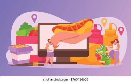 Food delivery flat composition of desktop computer and hand with hotdog bottles of sauce and people vector illustration