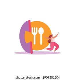 Food delivery flat composition with isolated images phone handle jumping woman and dish sign vector illustration
