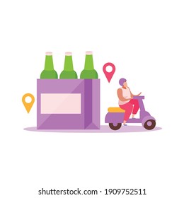 Food Delivery Flat Composition With Isolated Images Of Scooter Courier Carrying Pack Of Beer Vector Illustration