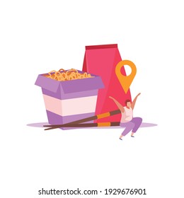 Food delivery flat composition with isolated images of meal and location signs vector illustration