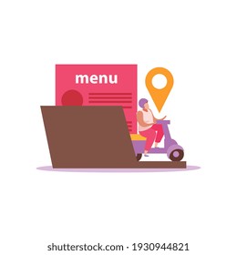 Food delivery flat composition with isolated images of scooter with restaurant menu vector illustration