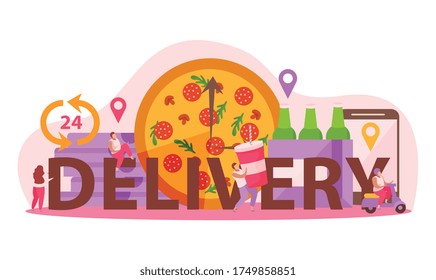 Food delivery flat composition with text and pizza clock with location signs package boxes and people vector illustration