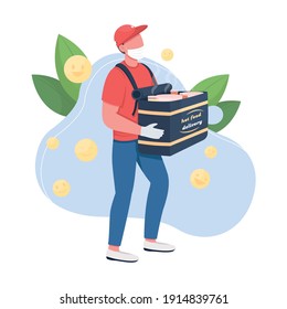 Ilustración vectorial de concepto plano de entrega de alimentos. Corredor de restaurante con bolsa que mantiene la comida caliente personaje de dibujos animados 2D para el diseño web. Covidar el pedido de platos seguros en aplicación online idea creativa