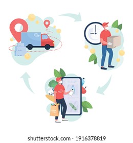 Food Delivery flach Konzept, Vektorgrafik Set. Restaurant Kurier mit kompletten Taschen zu Ihrem Haus Haustür 2D Cartoon Charaktere für Web-Design. Covid-Safe-Schale Bestellung kreative Idee