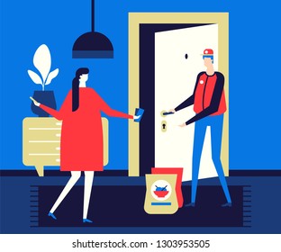 Food delivery - flat design style colorful illustration. High quality unusual composition with male, female characters. A woman paying for the order, a man in a uniform bringing bags with wok