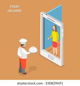 Food delivery flat isometric vector concept. Chef stays with the dish on his hand near the door that looks like a smartphone and gives the it to the woman.