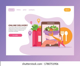 Food delivery flat landing page with text clickable links buttons and images of gadget and fastfood vector illustration