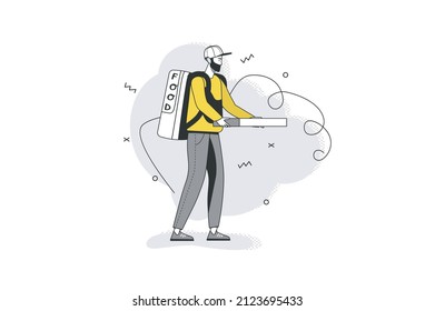 Food delivery flat line concept. Man works in courier restaurant delivery, carries bag of food and box of pizza to client home. Vector illustration with outline people scene for web banner design
