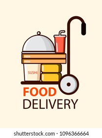 Food delivery in flat style with food boxes, pizza and sushi. Vector illustration design.