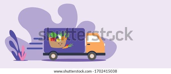 food delivery flat\
vector website banner with violet and orange delivery car and\
vegetables basket, violet background and floral elements.\
Quarantine food shopping\
illustration
