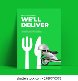 Food Delivery Flyer Or Banner Or Poster Design Template For Restaurant Or Cafe With Delivery Scooter And Typographic On Green Background. Vector Illustration