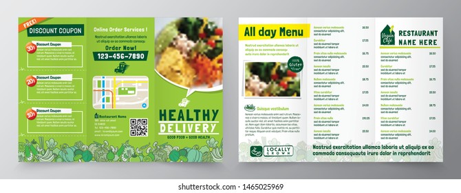 Food Delivery Flyer Pamphlet Brochure Design Vector Template In A4 Size Tri Fold. Healthy Meal, Restaurant Menu Template