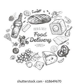 Food delivery frame. Vector hand drawn illustration