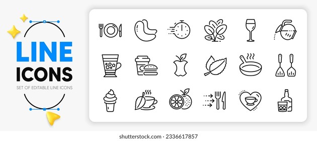 Food, Food delivery and Frappe line icons set for app include Ice cream, Cooking timer, Mint leaves outline thin icon. Orange, Love coffee, Wine glass pictogram icon. Cashew nut. Vector