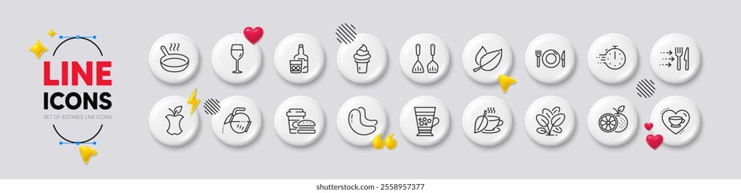 Food, Food delivery and Frappe line icons. White buttons 3d icons. Pack of Ice cream, Cooking timer, Mint leaves icon. Orange, Love coffee, Wine glass pictogram. Cashew nut, Mint tea, Spinach. Vector