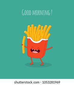 food delivery, funny french fries. Funny food. Vector illustration. Use for cards, fridge magnets, stickers, posters.
