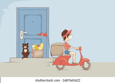 Сontactless food delivery.  The girl on a scooter courier delivers products to doors, vector illustration