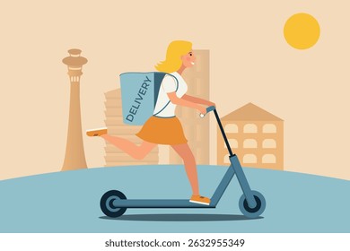 Food delivery. Girl on a scooter delivers an order. Background city, houses, landscape, Vector illustration, courier girl blonde delivery woman with a box attached to the back
