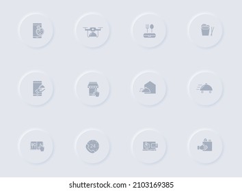 food delivery gray vector icons on round rubber buttons. food delivery icon set for web, mobile apps, ui design and promo business polygraphy