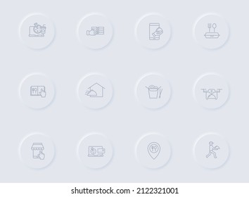 food delivery gray vector icons on round rubber buttons. food delivery icon set for web, mobile apps, ui design and promo business polygraphy