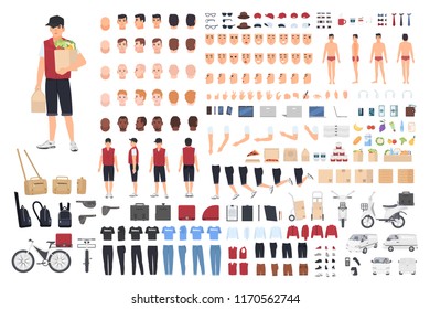 Kit de animación o constructor para el tipo de entrega de alimentos. Conjunto de partes del cuerpo del personaje de caricatura masculino en diferentes posturas y ropas aisladas en fondo blanco. Vistas frontales, laterales y traseras. Ilustración vectorial.