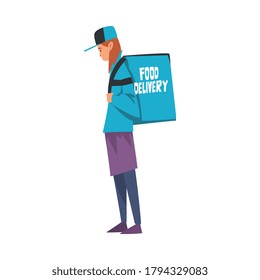 Food Delivery Guy Carrying Backpack Box, Male Courier Character Wearing Blue Uniform with Parcel on his Back, Food Express Delivery Service Cartoon Style Vector Illustration