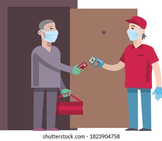 Food delivery: a guy in a mask and gloves brought pizza in boxes to a man. Contactless pizza delivery for a holiday during the coronavirus. Cashless payments. Vector illustration. Flat infographics.