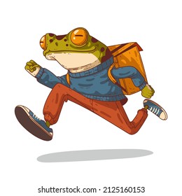 Food delivery guy, vector illustration. Humanized courier frog. Enthusiastic anthropomorphic frog with a backpack, running in a hurry to deliver an order. An animal character with a human body.