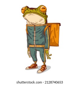 Tipo de entrega de comida, ilustración vectorial. Una rana mensajera con un traje deportivo. Jóvenes ranas antropomórficas con una mochila, listos para entregar un pedido. Un personaje animal con un cuerpo humano.