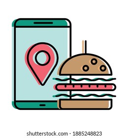 Food delivery hamburger and gps mark in smartphone design, logistics transportation and shipping theme Vector illustration