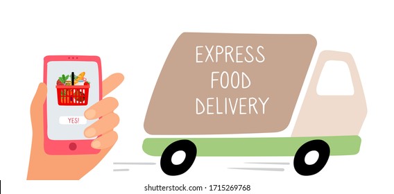 Food delivery. Hand choose goods online. Cartoon delivery truck in road vector illustration