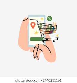 Food delivery. Hand hold smartphone, mobile app screen. Products fast order. Online grocery and supermarket, eco vegetables, milk and bread in trolley. Vector cartoon flat style isolated illustration