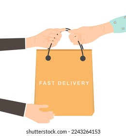 Food delivery. Hands hold food package. Courier gives food package to client. 
delivery of a paper bag with food, medicines, from hand to hand. male and female hand. Vector illustration