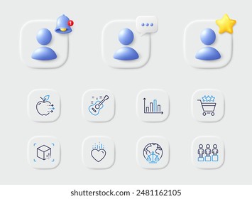 Food delivery, Heart and Guitar line icons. Placeholder with 3d star, reminder bell, chat. Pack of Diagram graph, Augmented reality, Magistrates court icon. Equity, Shopping rating pictogram. Vector