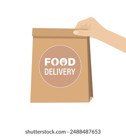 Entrega de alimentos, mano humana sostiene bolsa de papel. Quita la bolsa de papel para comida. Entrega de alimentos de restaurantes, cafés y supermercados. El cliente o el vendedor retiene el paquete. Ilustración vectorial plana