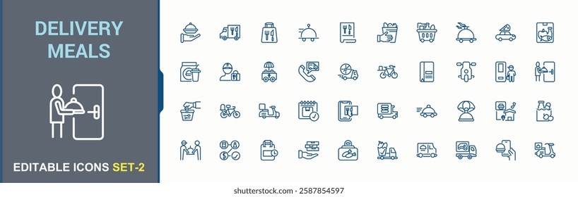 Food Delivery icon collection. It contains symbols to grocery, order, lunch, express, food basket, food delivery, deliver. Thin outline icons pack. Conceptual pictogram and infographic.