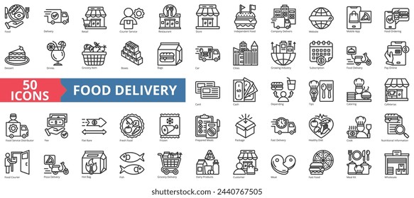 Food Delivery icon collection set. Containing retail, courier service, restaurant, store, independent, company, website icon. Simple line vector.