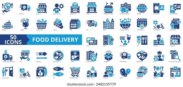 Juego de colección de ícono de entrega de alimentos. Conteniendo venta al por menor, servicio de mensajería, restaurante, tienda, independiente, empresa, icono de Sitio web. Sencillo Vector plano.