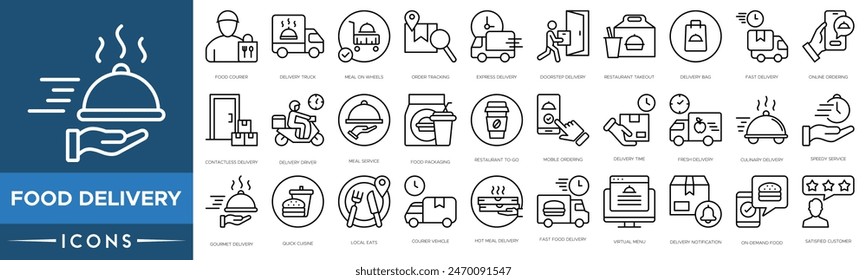 Food delivery icon. Food Courier, Delivery Truck, Meal on Wheels, Order Tracking, Express, Doorstep Delivery, Restaurant Takeout and Delivery Bag
