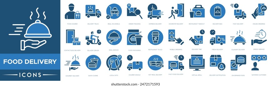 Food delivery icon. Food Courier, Delivery Truck, Meal on Wheels, Order Tracking, Express, Doorstep Delivery, Restaurant Takeout and Delivery Bag