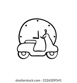 Food Delivery Icon. Motorcycle, watch, delivery, transportation, on time. Vector black line icon