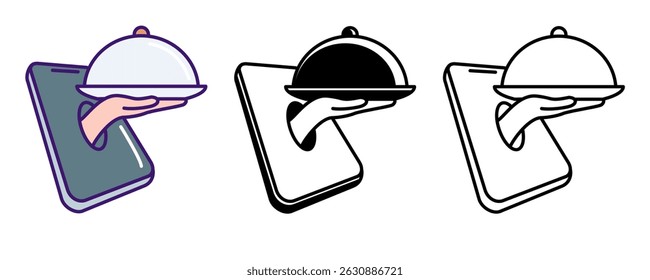 Food Delivery icon represented by smartphone, food package Line, Filled, Color style.