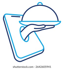 Food Delivery icon represented by smartphone, food package Dual Line style.