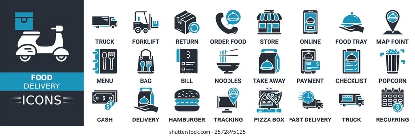 Food delivery icon set. Containing truck, forklift, return, order food, store, online, food tray, map point and more. Solid vector icons collection