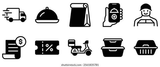 Food Delivery Icon Set Convenient Solid Style Collection for On-Demand Dining